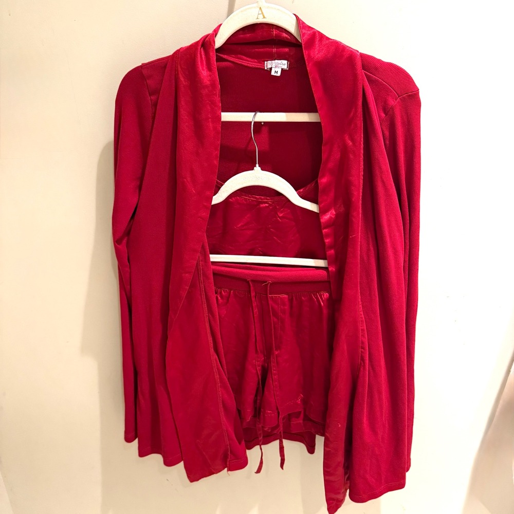 PJ Harlow 3 Piece Pajama Set Red Satin Camisole Shorts Ribbed Cardigan M